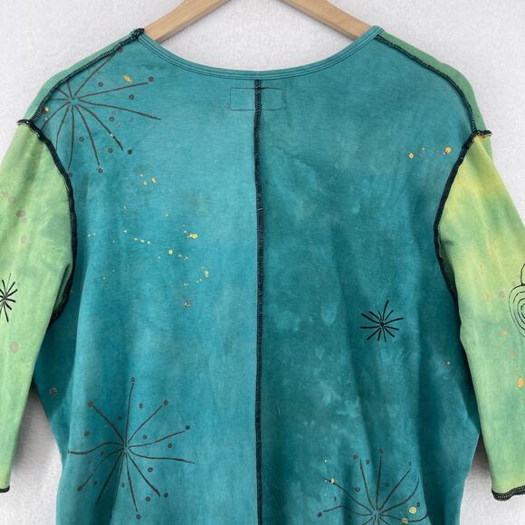 BREAD Top Womens L 3/4 Sleeve Patchwork Lagenlook Tie Dye Asymmetric Green - Picture 8 of 16